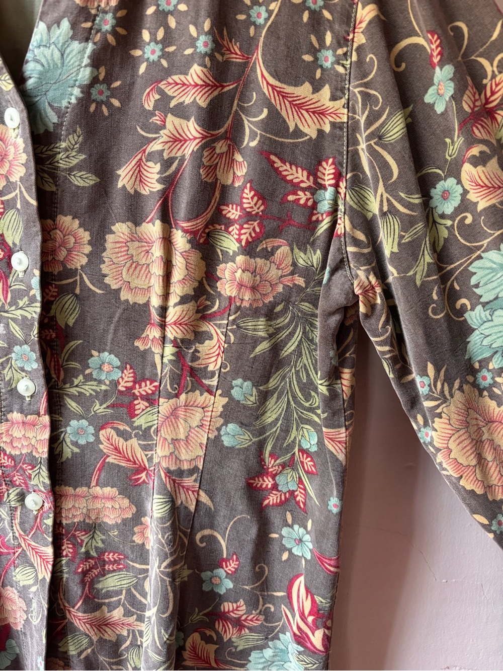 Tianello Floral Button Down Shirt M Green Boho Art Botanical Made in USA - Picture 9 of 13